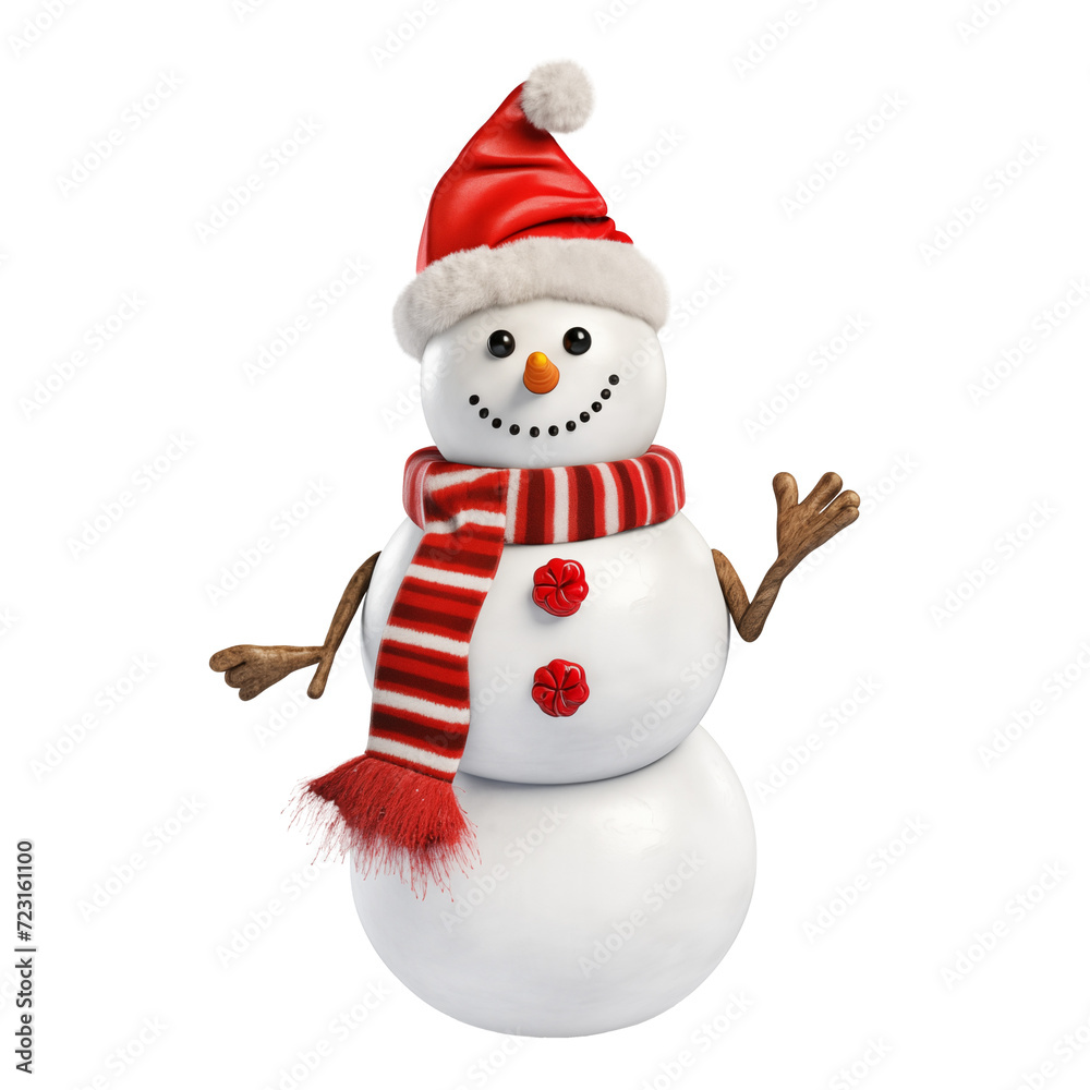 Snowman with a red hat isolated on a transparent background. Snowman with a red hat and scarf close-up. Winter design element to insert into a design or project.
