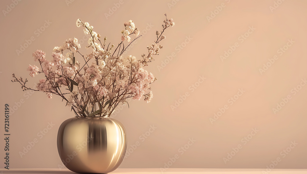 a gold container with flowers on a beige background i