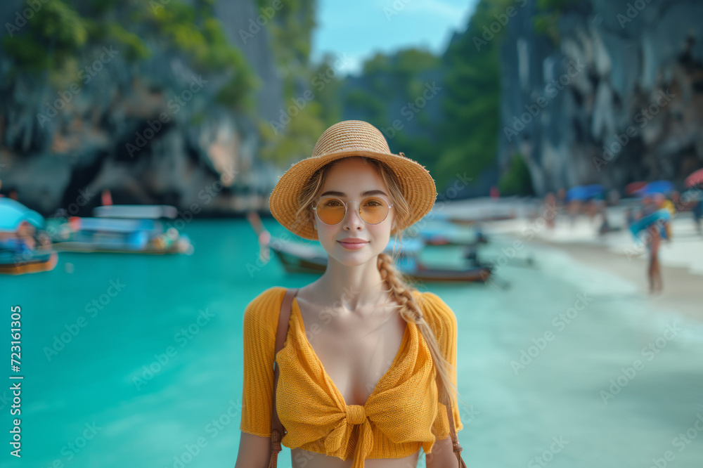 Portrait of traveler caucasian woman in tropics. Beauty female on vacation