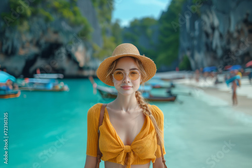 Portrait of traveler caucasian woman in tropics. Beauty female on vacation © Olesia
