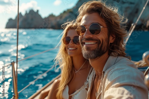 A couple captures their carefree vacation on the water as they smile and pose for a selfie, their stylish sunglasses and sailing gear reflecting the beautiful blue sky and sparkling waves around them © Larisa AI