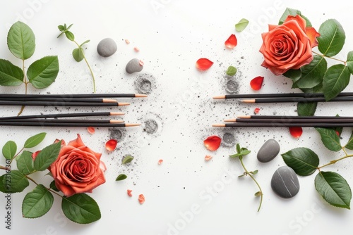 Arrangement with burning incense sticks roses and spa stones on a white surface photo