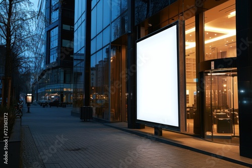 Marketing concept illustrated by a white paper poster mockup outside a restaurant building