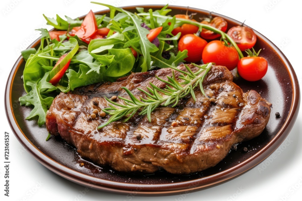 Grilled Wagyu New York beef steak with salad on white plate Grilled Wagyu New York beef steak with salad on white plate