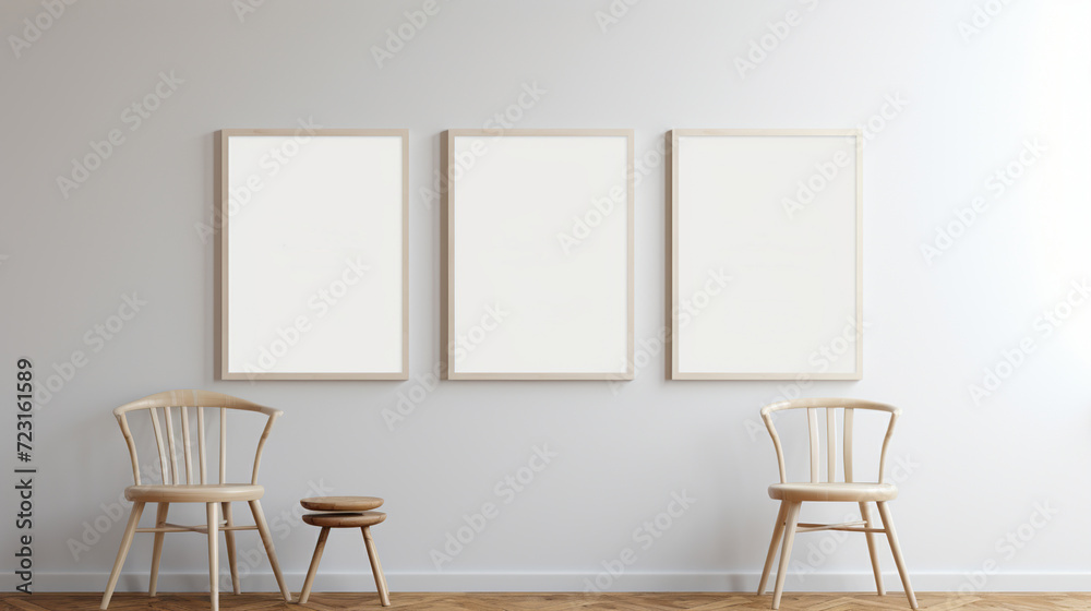Three blank frame mockups on white wall in the room Three blank frame mockups on white wall in the room