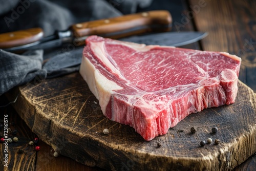Close up of dry aged wagyu porterhouse steak on rustic wooden board with knife photo