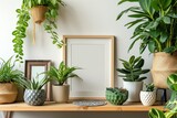 Living room interior with brown photo frame on green shelf adorned with various stylish pots holding beautiful plants Chic personal accessories Home gardening