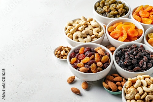Bowl set with dried fruits nuts and healthy snacks on white background