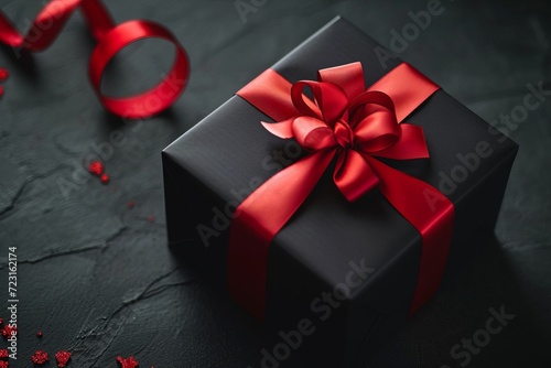 Close up red gift on dark gray background among heart-shaped confetti with copy space. Valentine's day, romance, love, wedding anniversary concept