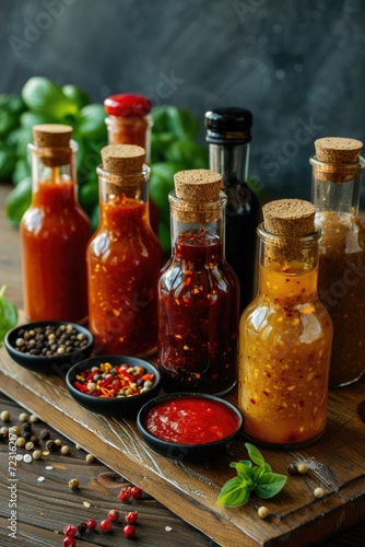 Modern kitchen with variety of spicy sauces in bottles