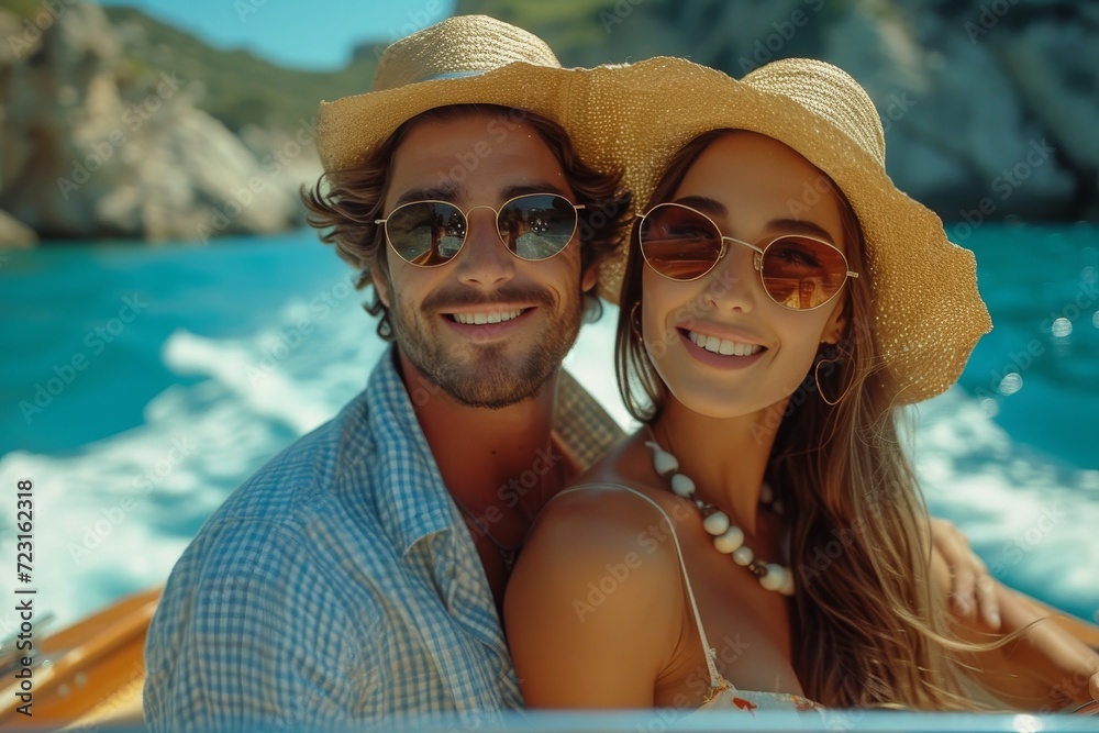 Beaming with joy, a stylish couple enjoys a sunny day on the water in their trendy hats and sunglasses, taking a break from the summer heat on their boat