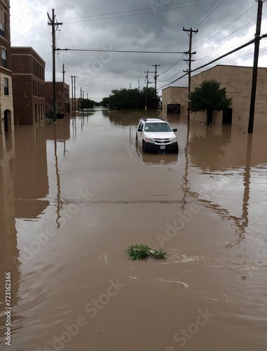 Urban Street Submerged - Flooded Fort Worth with Damaged Utilities and Evacuation Zones Gen AI photo