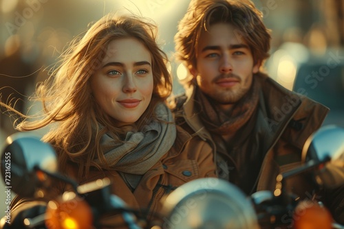 A couple embraces the freedom of the open road as they strike a pose on their motorcycle, capturing their adventurous spirit and the undeniable connection between the human face and heart