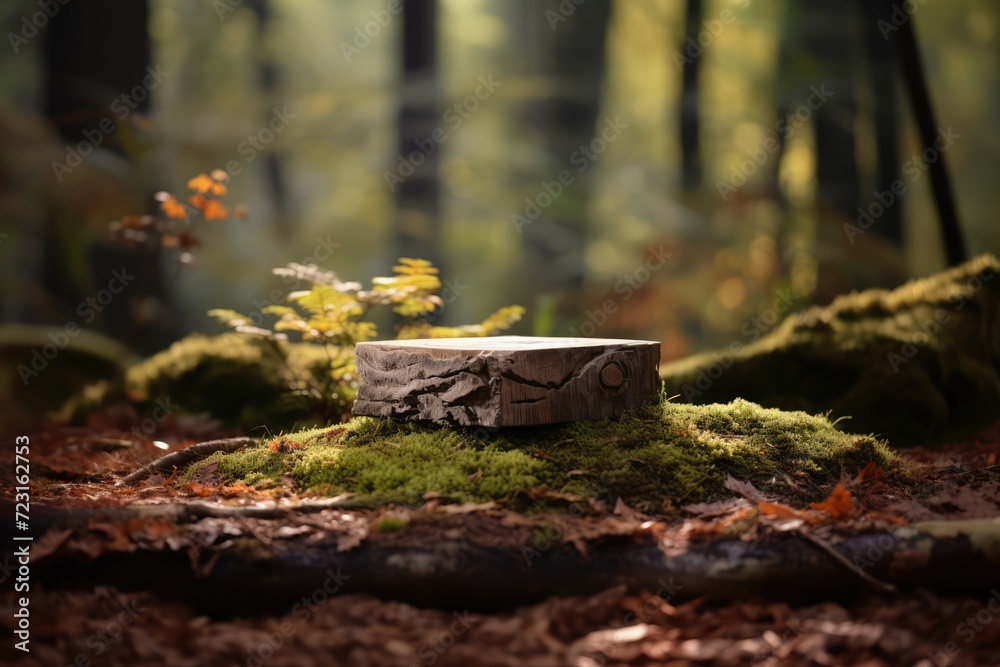 Fototapeta premium Wooden Round Podium For Product With Nature Background