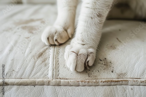 Cat paws on a damaged white leather sofa