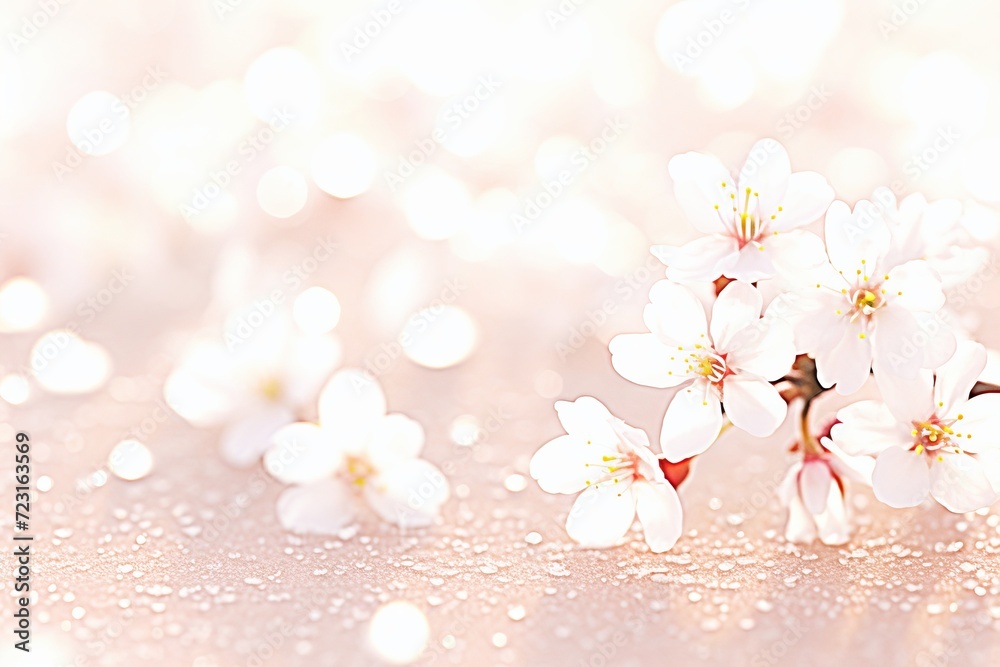 Stunning cherry blossoms with morning dew. elegant pink petal scatter against the serene dawn sky
