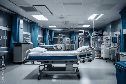 A hospital room with empty beds