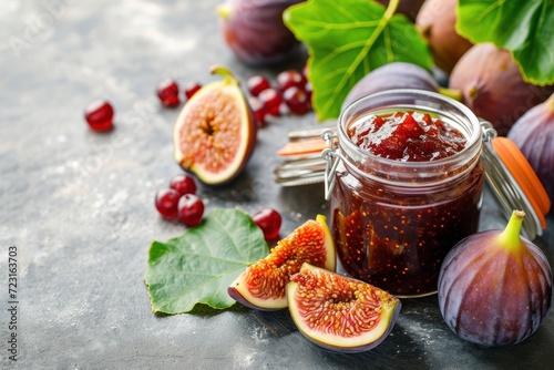 Jar of fig jam on table with fresh fruits empty space
