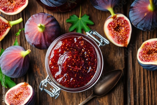 Delicious fig jam displayed on wooden table in flat lay composition photo