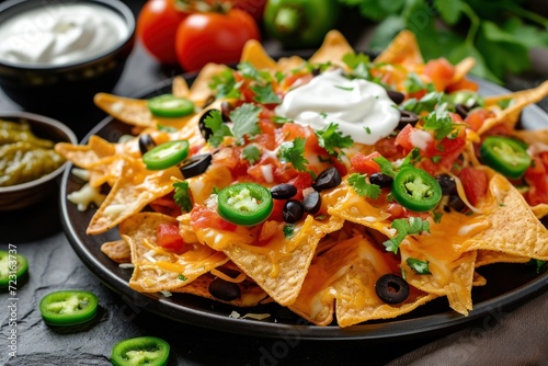 Tex Mex or Mexican restaurant classic menu item Nachos crispy tortilla chips with melted cheddar salsa black beans jalapenos guacamole sour cream and lettuce