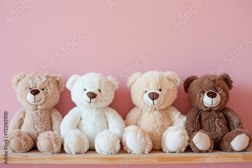 Smiling teddy bears together on table near pink wall Friendship concept Pastel colors Closeup