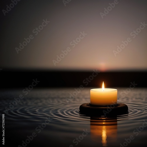 lit white candle sits on a wooden dock near a lake. The candle is surrounded by water and mountains in the background. 