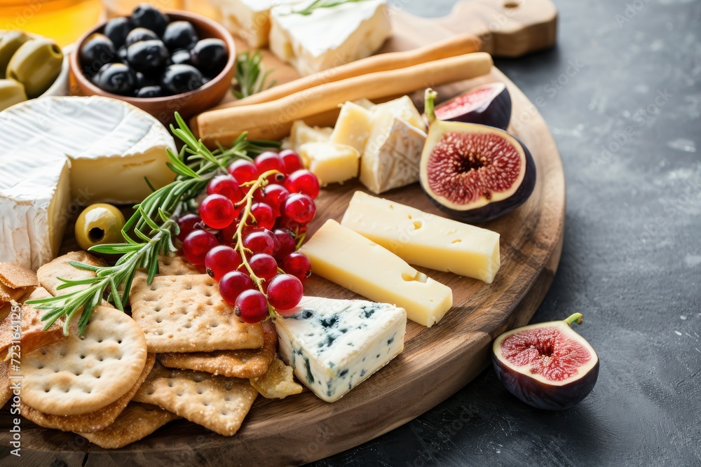 Elegant cheese board with pecorino brie and goat cheese served with crackers and breadsticks accompanied by figs jam olives and berries Elegant cheese board with pecorino brie and goat cheese served with crackers and breadsticks accompanied by figs jam olives and berries