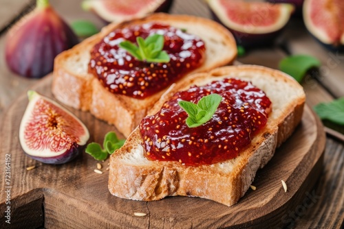 Fig jam on toast placed on a wooden table