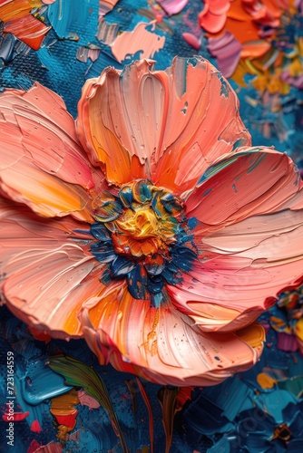 Generative AI, Oil painting of spring flowers on canvas. Beautiful abstract colorful flowers. Macro impasto painting.	
