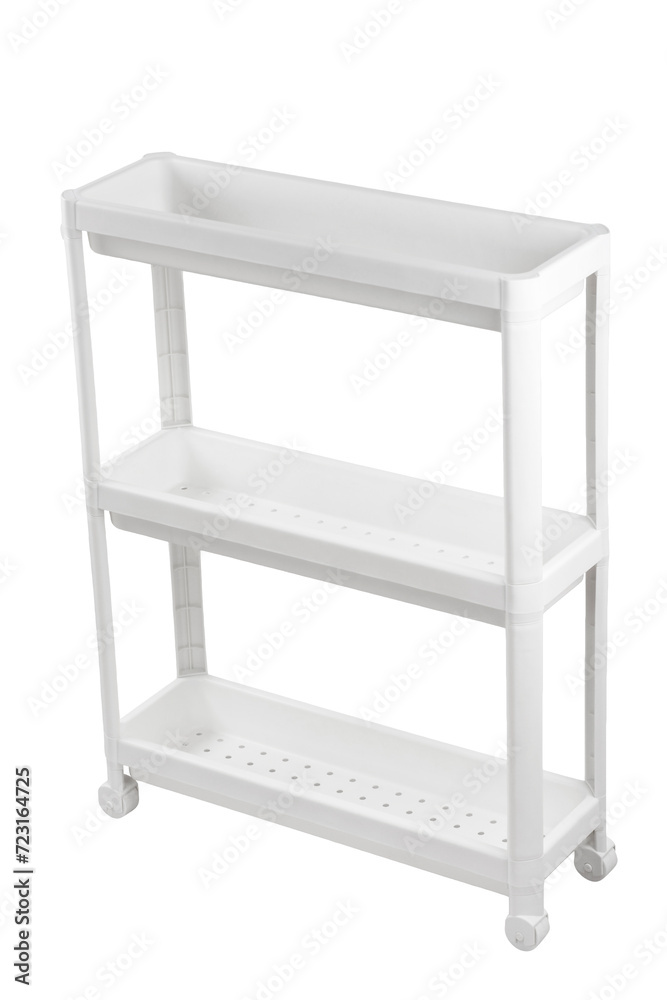 White plastic rack or storage shelf with wheels isolated on white background White plastic rack or storage shelf with wheels isolated on white background