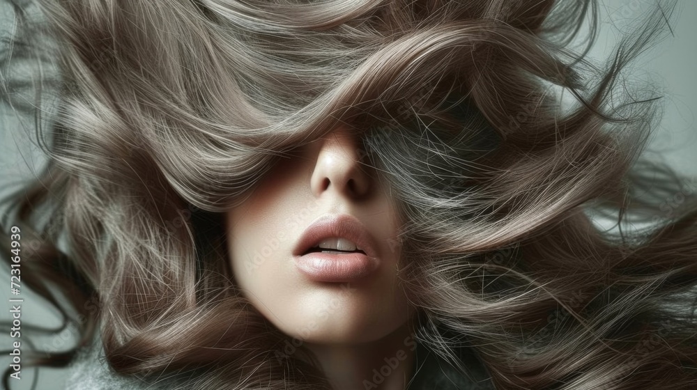 Young woman with luxuriant hair in fashion editorial style. Hair blowing in the wind. Trendy hair style Young woman with luxuriant hair in fashion editorial style. Hair blowing in the wind. Trendy hair style