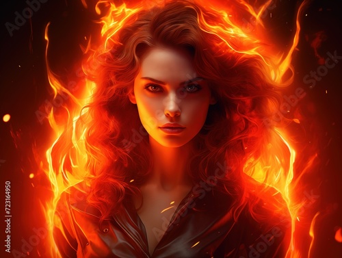 young woman surrounded by flames