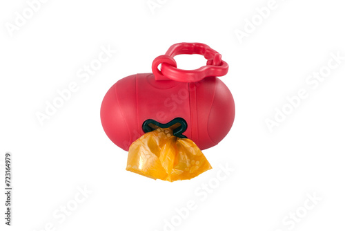 Red dispenser with dog waste bags isolated on white background