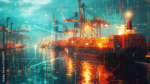 Futuristic Portside Logistics. Cargo port with digital network interface and futuristic glow.