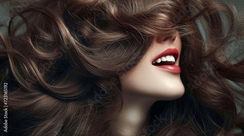 Young woman with luxuriant hair in fashion editorial style. Hair blowing in the wind. Trendy hair style