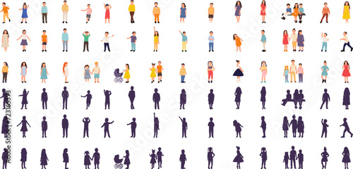 set of children in different poses on a white background, vector