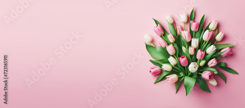 A bunch of tulips isolated against a pink background. photo