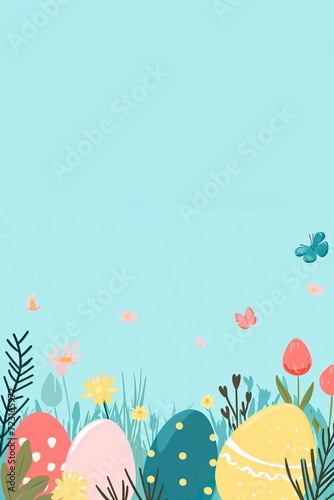 Drawn Easter eggs with a pattern in the grass on a blue sky background © NadezhdaShestera