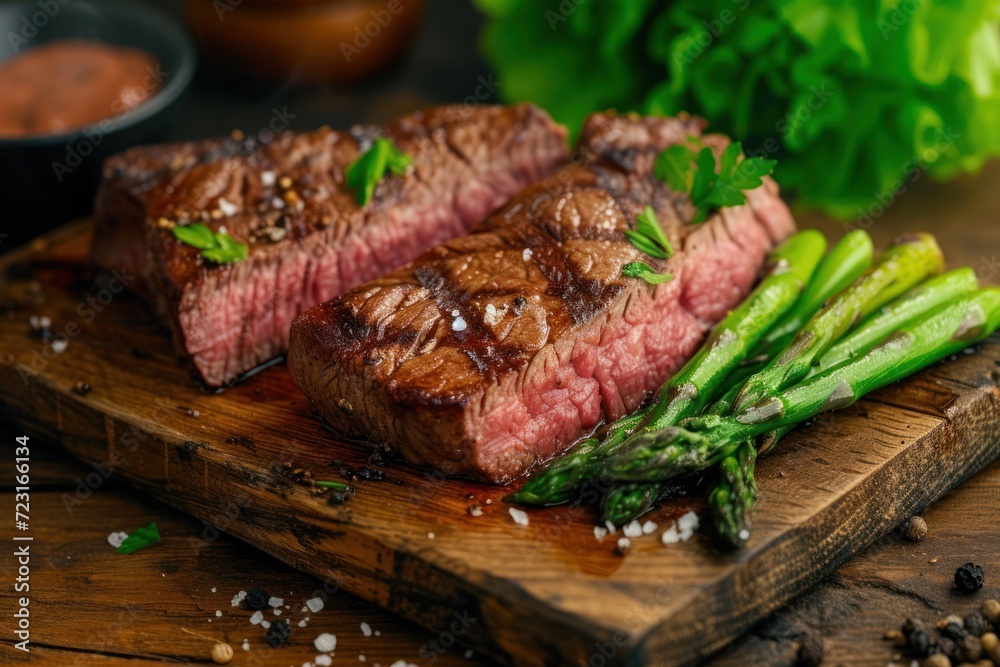 Closeup of dry aged wagyu entrecote beef steak on a rustic wooden board served with lettuce and asparagus Closeup of dry aged wagyu entrecote beef steak on a rustic wooden board served with lettuce and asparagus