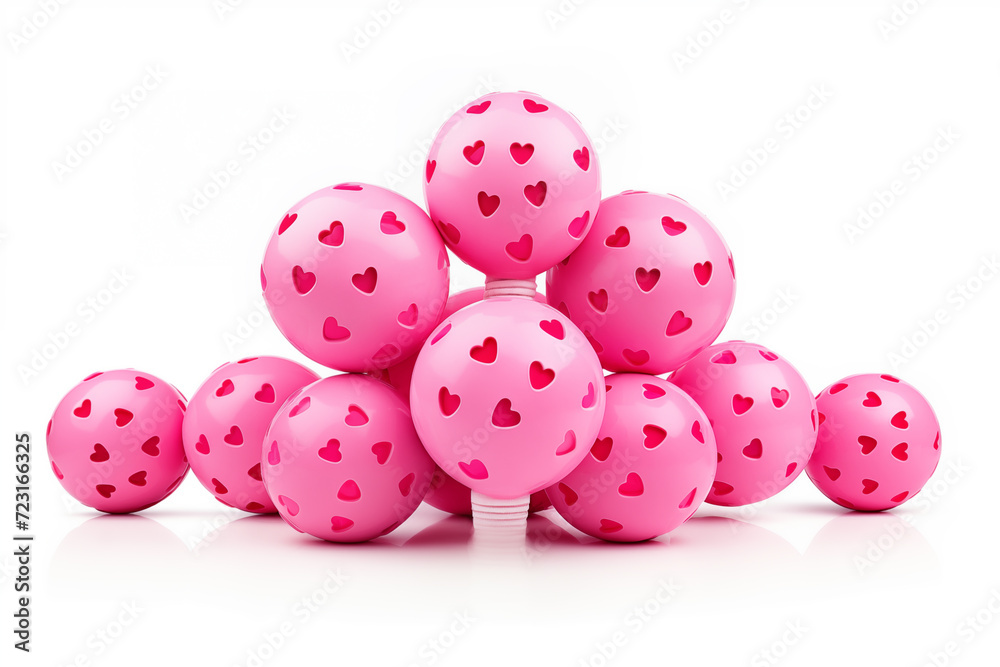 Valentine's Day concept with pink pickleball and red hearts on a pale background