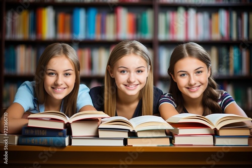 Group of Beautiful Young Women with Gorgeous Thick Hair Engrossed in Reading Books at the Library