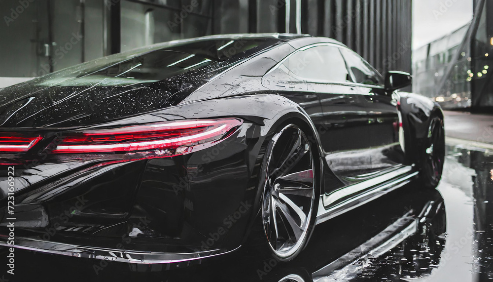 Elegant, futuristic, shiny car of the future with white tail lights in rain