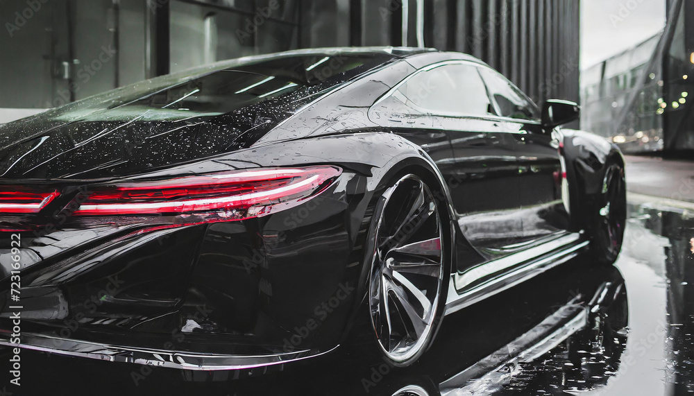 Elegant, futuristic, shiny car of the future with white tail lights in rain Elegant, futuristic, shiny car of the future with white tail lights in rain