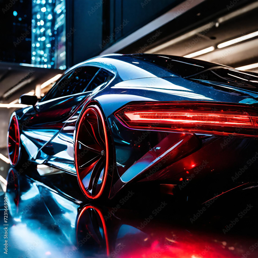 Elegant, futuristic, shiny car of the future, red tail lights