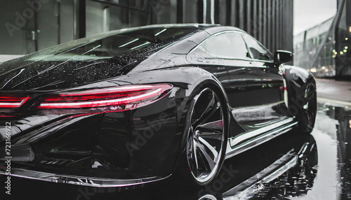 Elegant  futuristic  shiny car of the future with white tail lights in rain