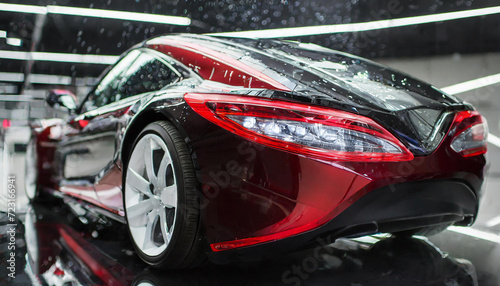 Elegant, futuristic, shiny car of the future with white tail lights in rain © p.a.peciak