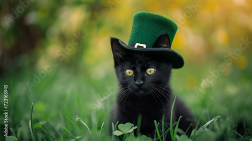 Close up portrait of a black cat wearing a green leprechaun hat in a St. Patrick s Day costume