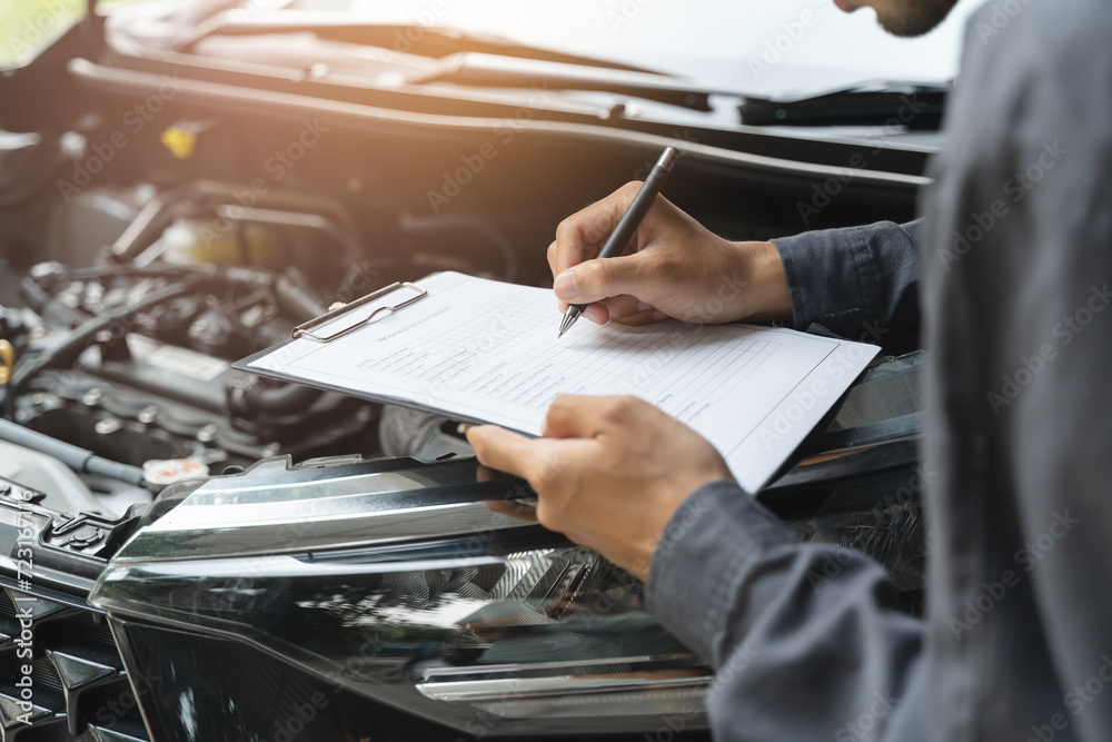 Auto check up and car service shop concept. Mechanic writing job checklist to clipboard to estimate repair quotation to client at workshop garage. Auto check up and car service shop concept. Mechanic writing job checklist to clipboard to estimate repair quotation to client at workshop garage.