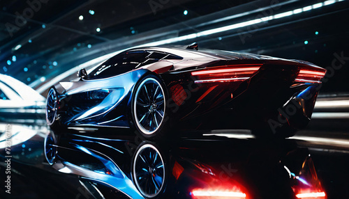 Elegant, futuristic, shiny car of the future, red tail lights © p.a.peciak