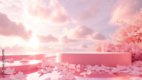a large pink podium with white petals on a pink sky i